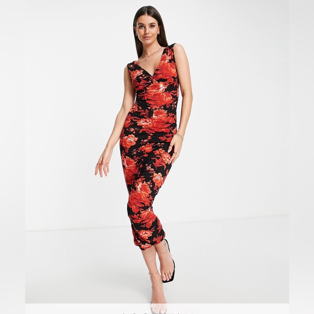 Asos corset dropped waist midi dress in red floral print